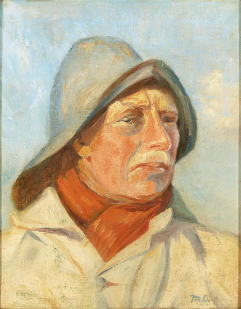 Fisker iført olieskind og rødt tørklæde. - Michael Peter Ancher
