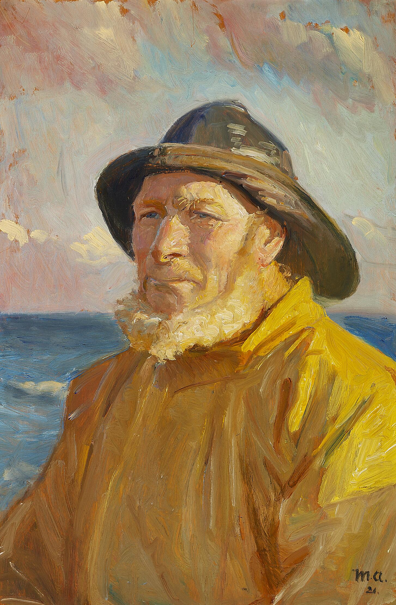 Fisker iført regnfrakke og regnfrakke. - Michael Peter Ancher