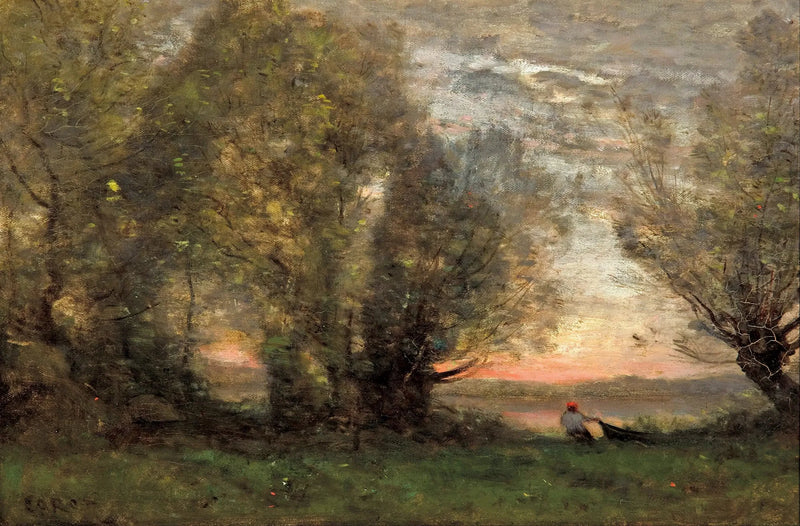 Fisker, der trækker sin båd ved en gammel pile, aftenens effekt - Jean-Baptiste Camille Corot