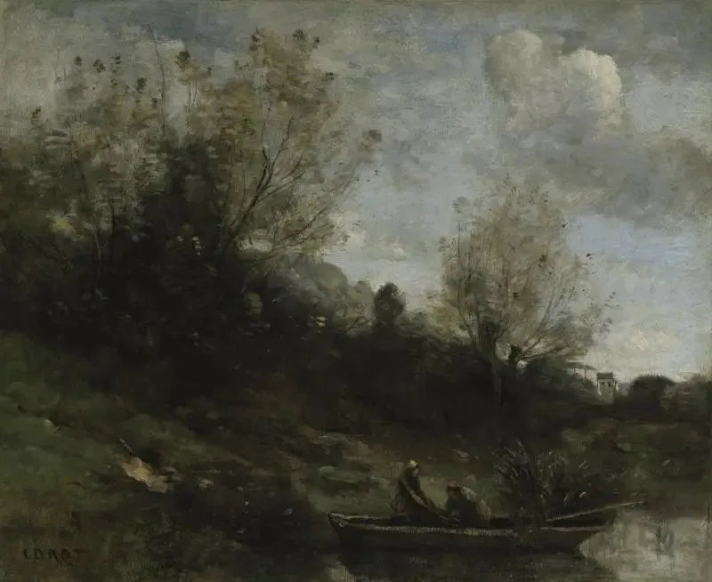 Fiskere i båd ved bredden - Jean-Baptiste Camille Corot