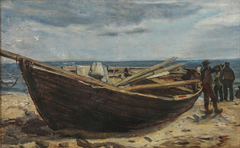 Fiskere og en båd ved Skagen strand. -Michael Peter Ancher