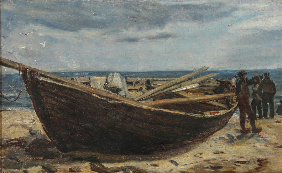 Fiskere og en båd ved Skagen strand. -Michael Peter Ancher