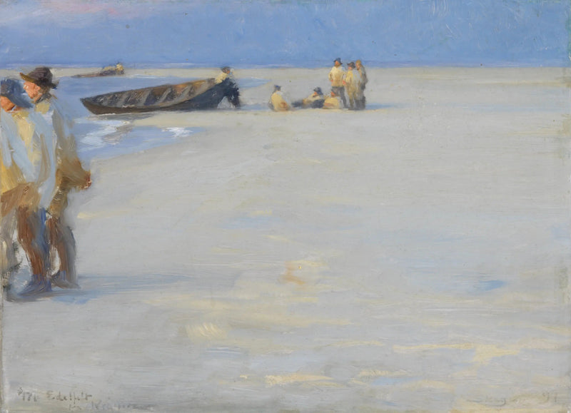 Fiskere på den nordlige strand i Skagen. Sommeraften. - Peder Severin Krøyer