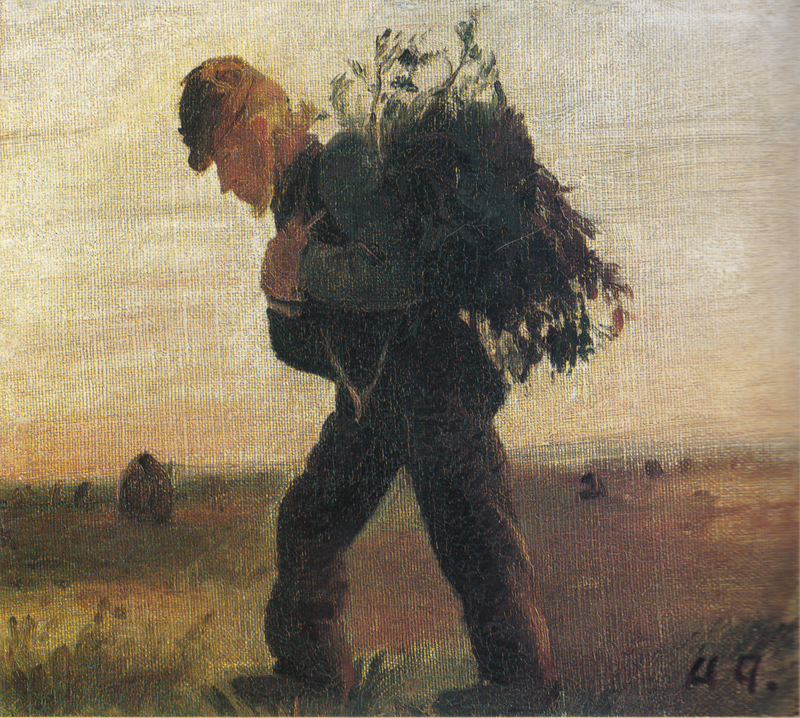 Per Bollerhus, med sin bundt kviste i hånden, krydser heden - Anna Ancher
