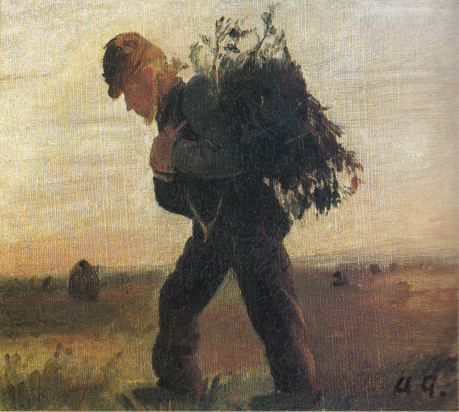 Per Bollerhus, med sin bundt kviste i hånden, krydser heden - Anna Ancher