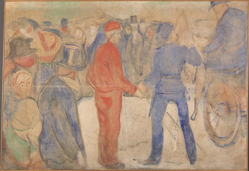 Mennesker samles omkring en mand i rødt - Edvard Munch