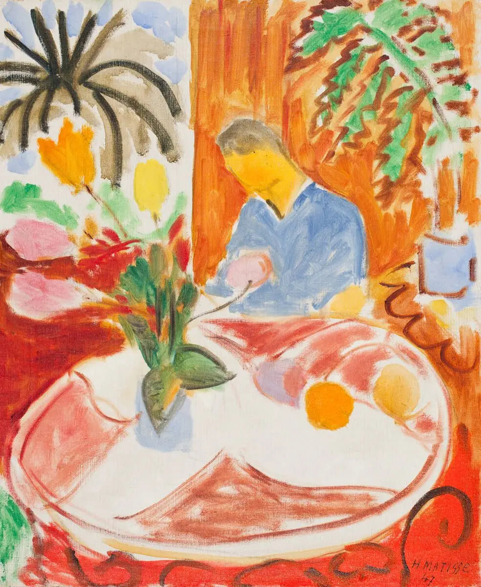 Reproduction du tableau « Petit Intérieur à la Table de Marbre Ronde, Palmiér et Personnage - Henri Matisse » par Alpha Reproduction en peinture à l’huile