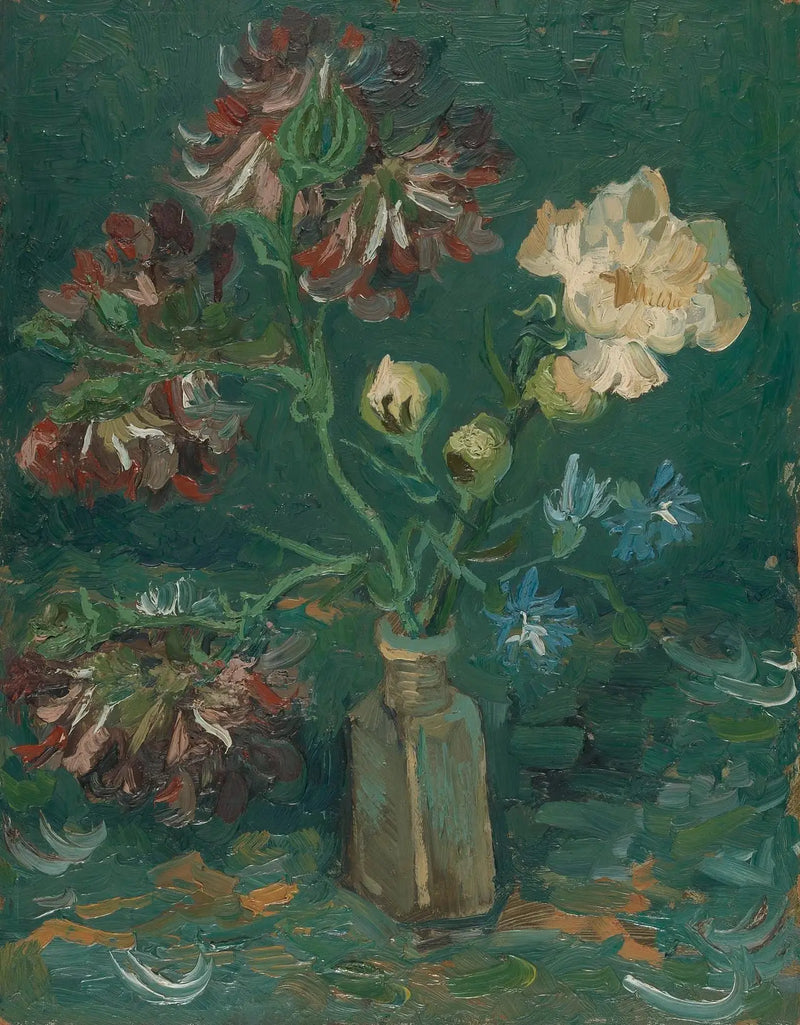 Lille flaske med pæoner og blå delphinium - Vincent van Gogh