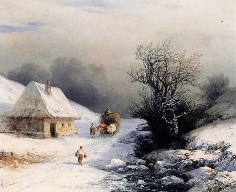 Lille russisk oksekærre om vinteren - Ivan Aïvazovski
