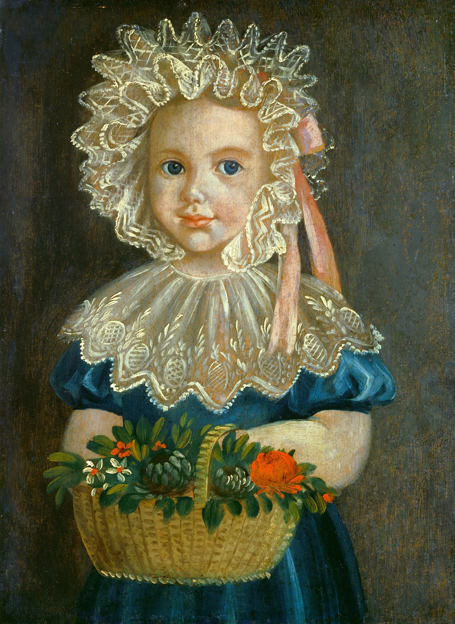 Petite fille avec panier de fleurs - American 19th Century