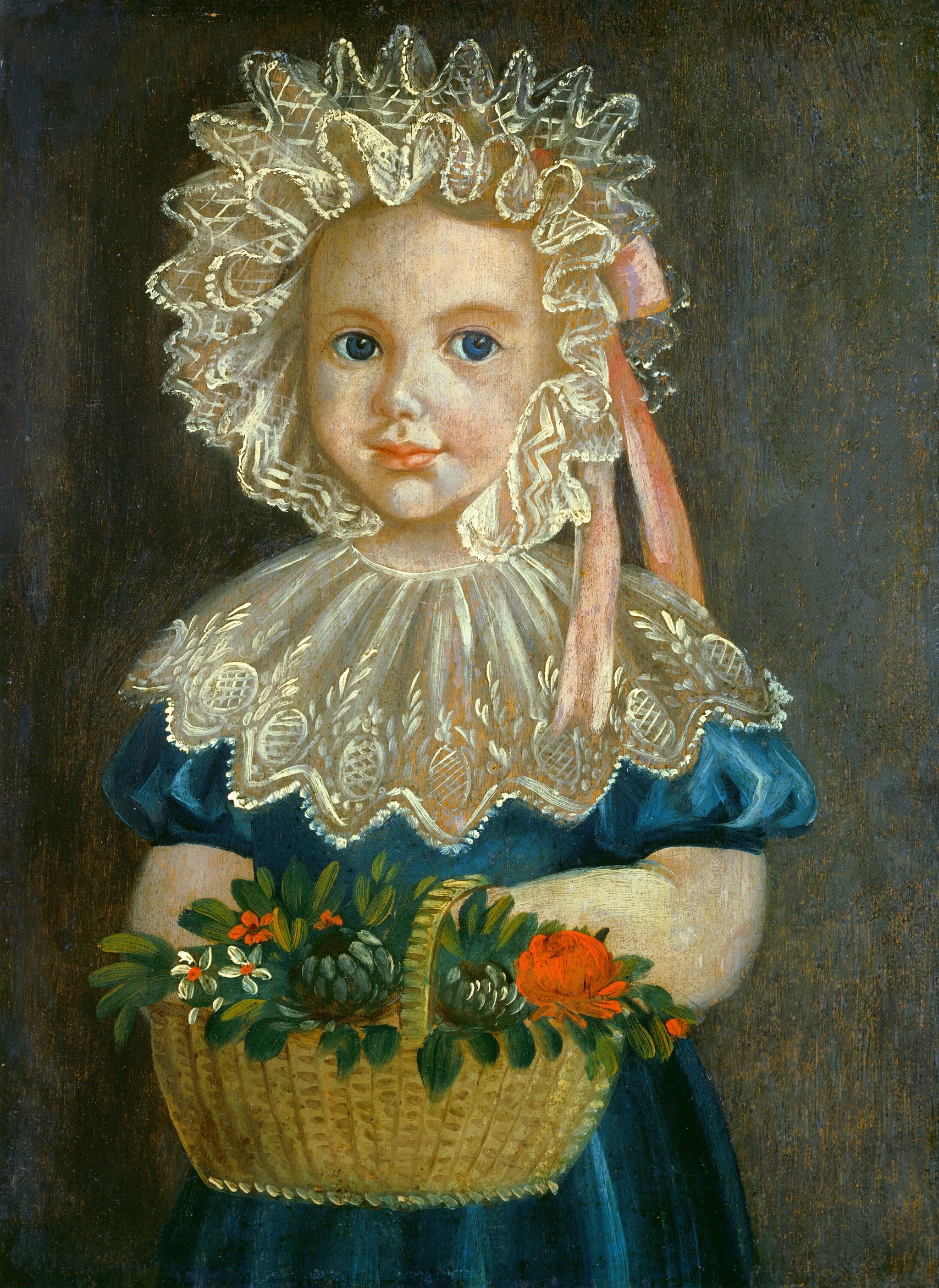 Petite fille avec panier de fleurs - American 19th Century