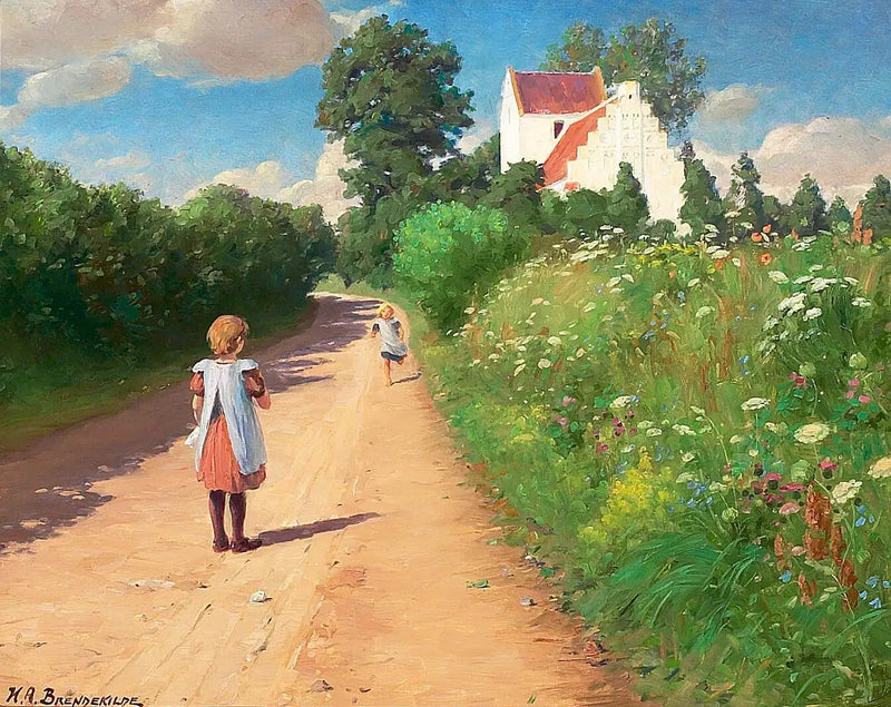 Små piger, der leger foran Brændekilde-kirken på en varm sommerdag. - H. A. Brendekilde