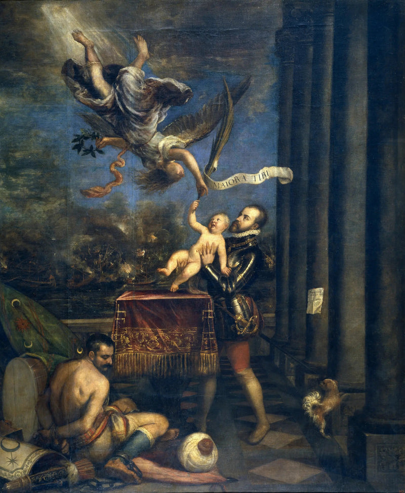 Philippe II giving his son to the sky, the infant Don Ferdinand - Titian
