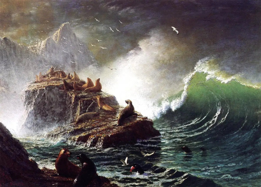 Sæler på klipperne, Farallon-øerne - Albert Bierstadt