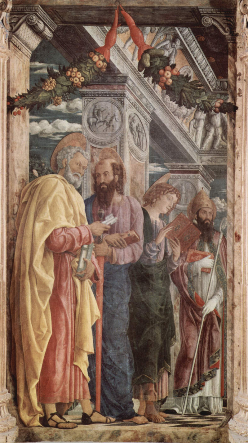 Pierre, Paul og Johannes den Evangelist med hellige Zénon - Andrea Mantegna