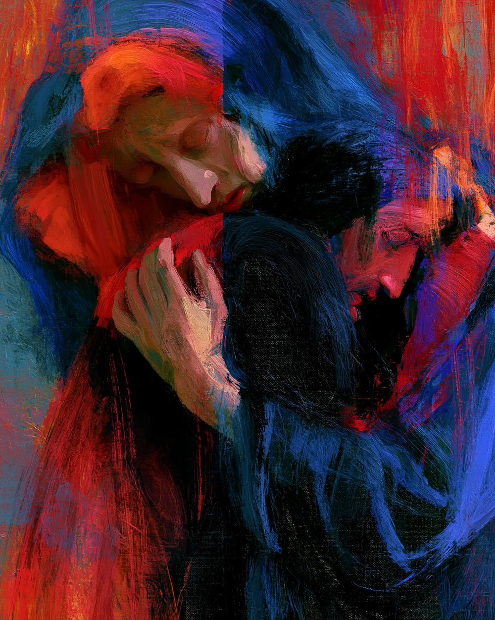 Pietà expressionniste rapprochée en rouge et bleu