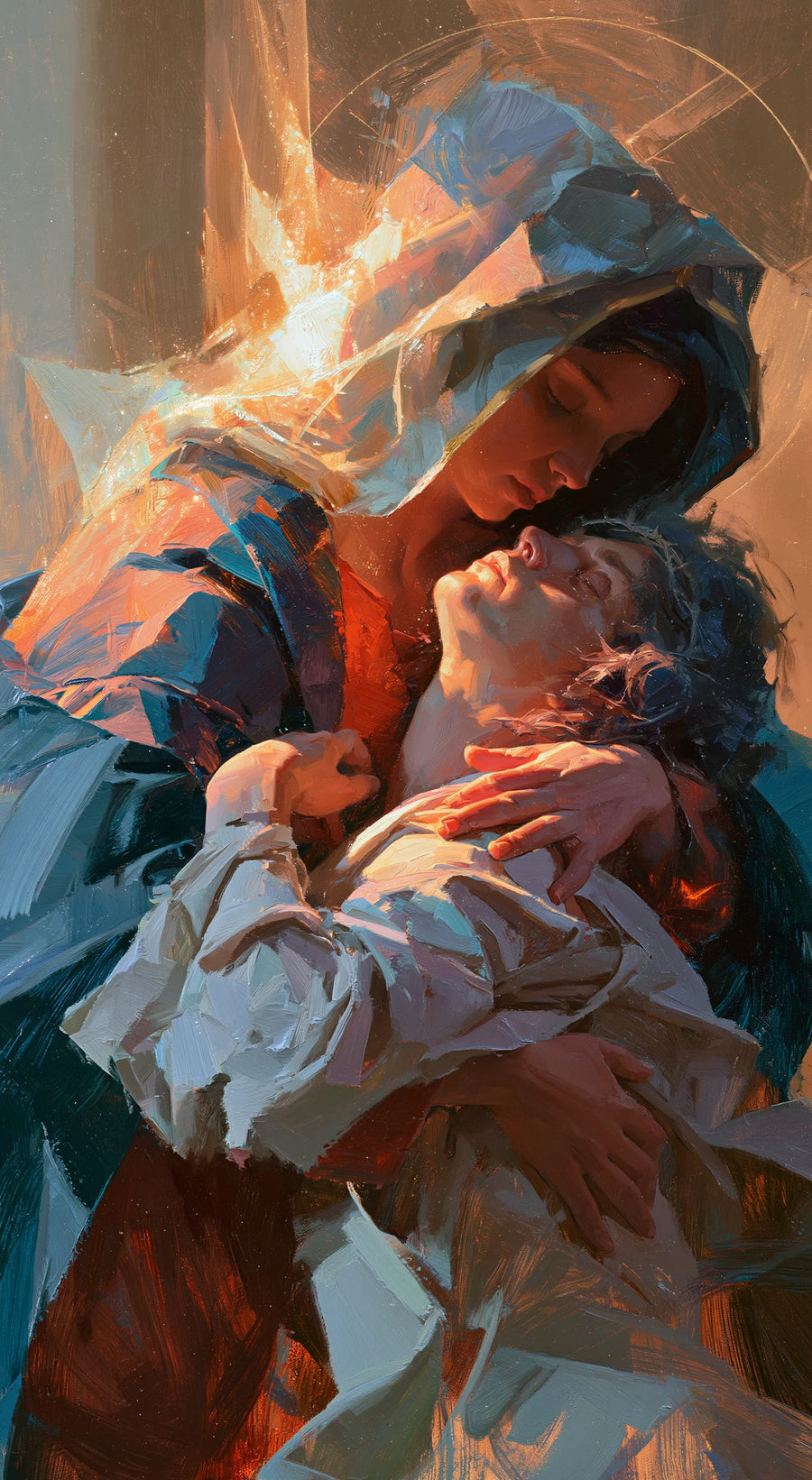 Étreinte verticale de la Vierge et du Christ dans une Pietà orange, cobalt et turquoise