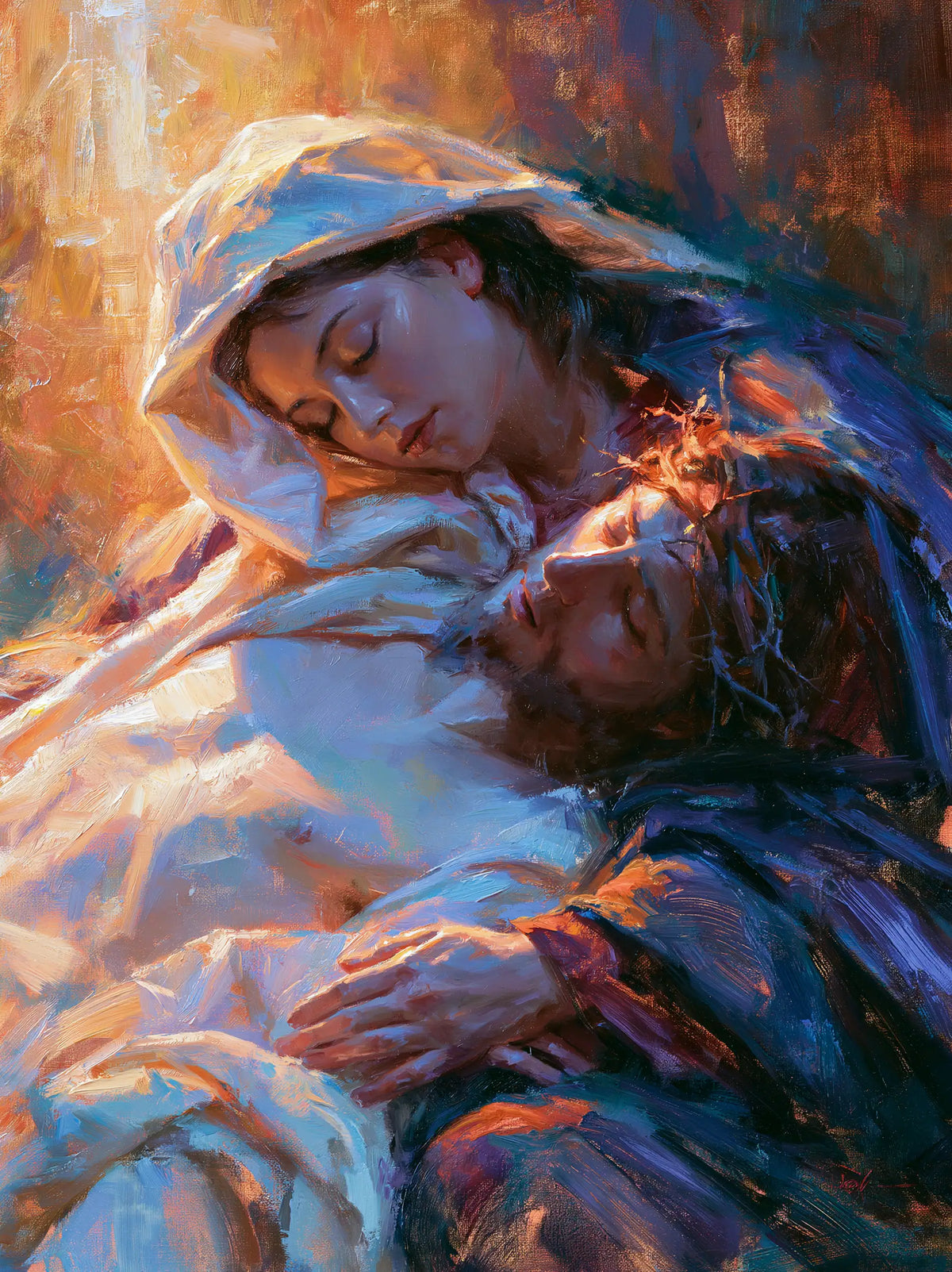 Pietà verticale expressionniste avec Marie et le Christ en bleu turquoise orange et blanc