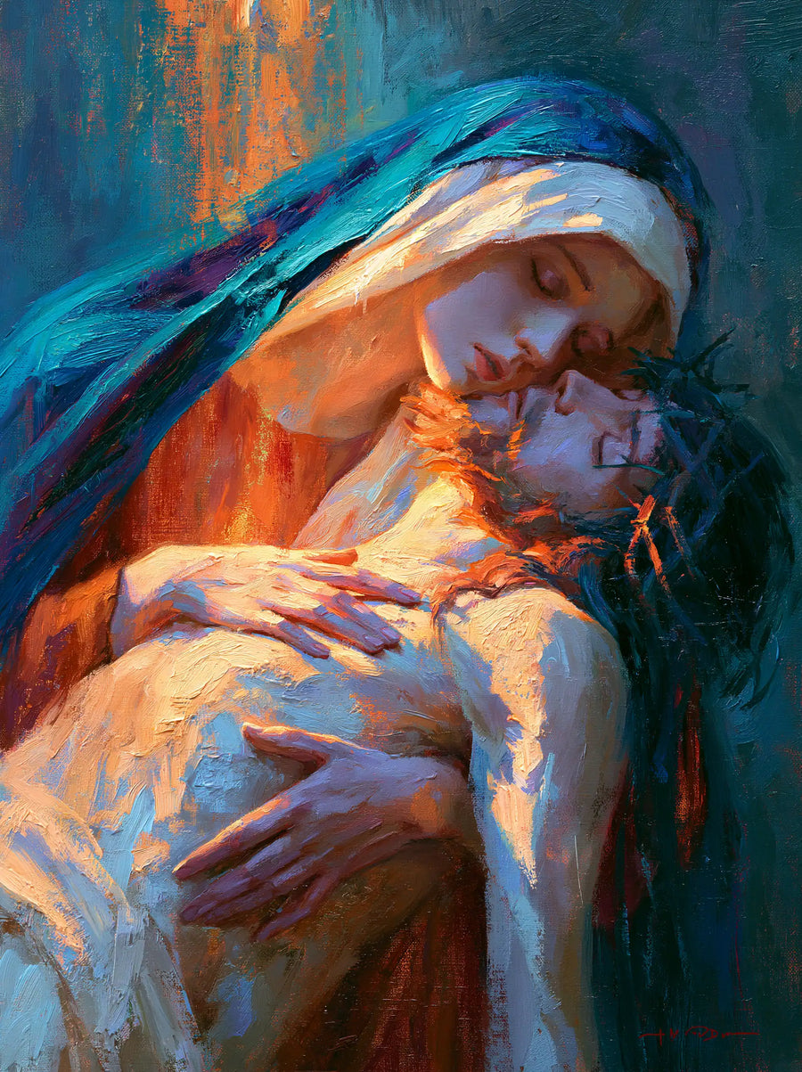 Pietà verticale avec Marie enlaçant le Christ dans des couleurs turquoise orange bleues et blanches