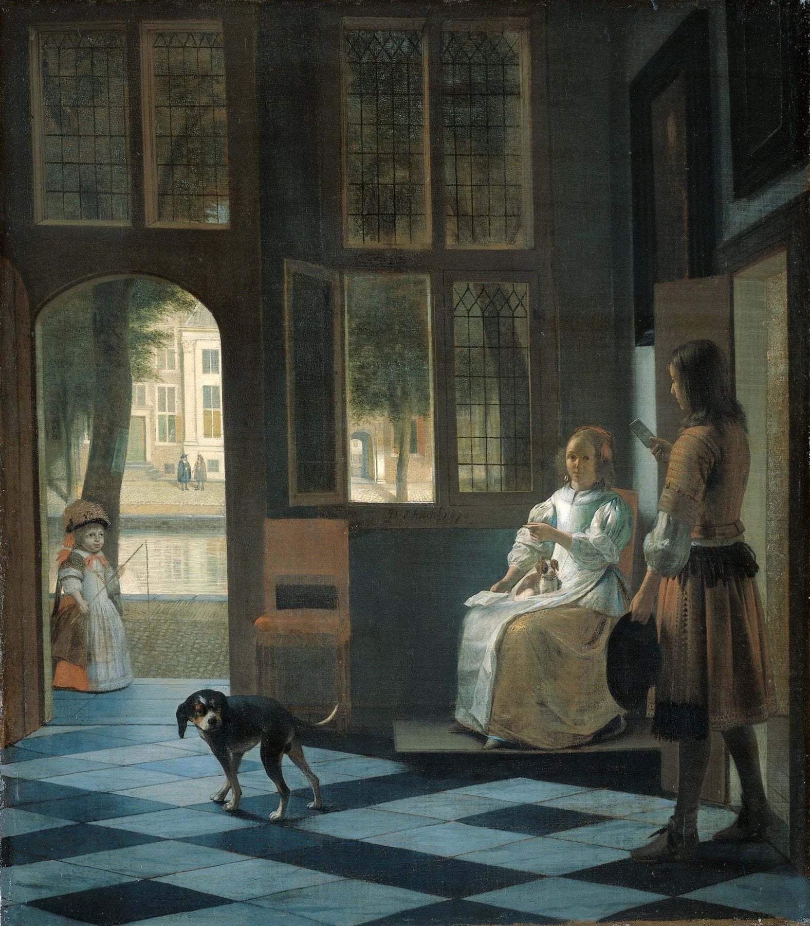 Un homme remettant une lettre à une femme dans l'entrée d'une maison, peinture de Pieter de Hooch