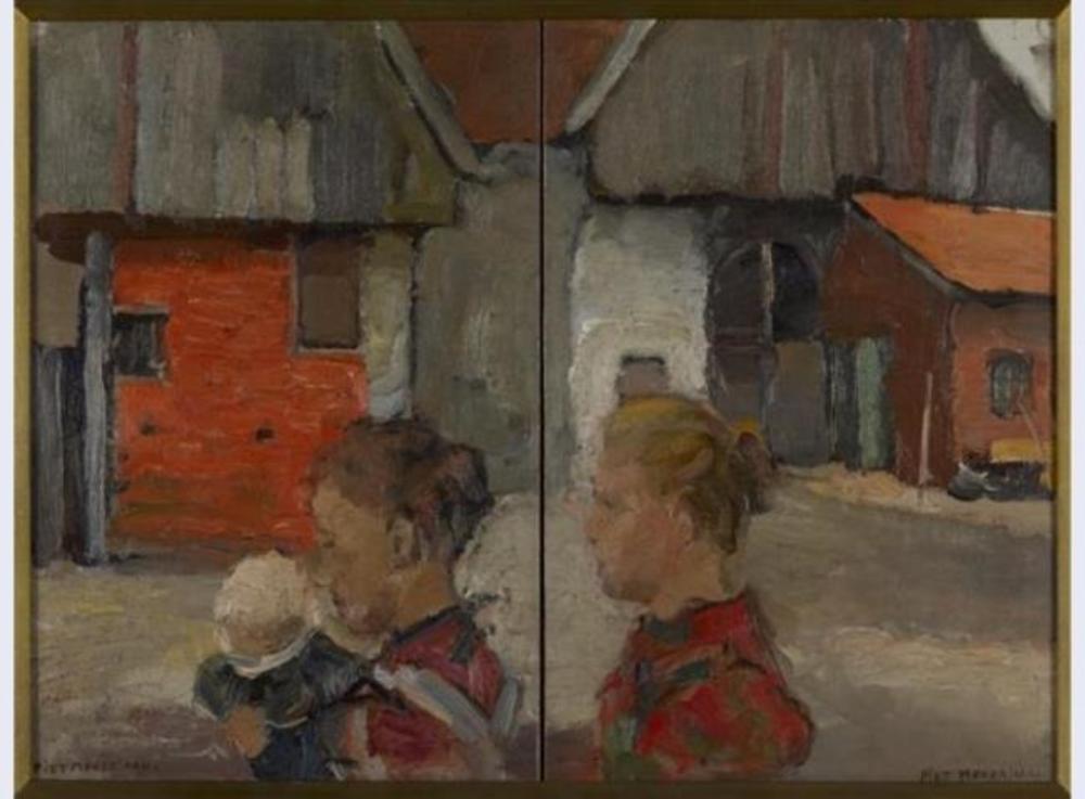 Reproduction du tableau « Pignons arrière de bâtiments agricoles avec personnages - Piet Mondrian » par Alpha Reproduction en peinture à l’huile