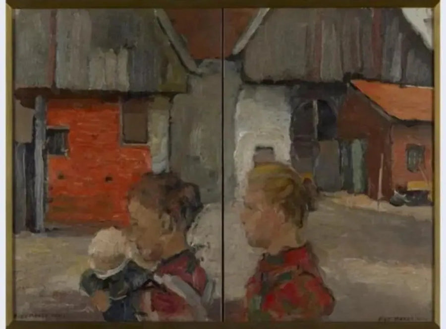Bageste gavle af landbrugsbygninger med personer - Piet Mondrian