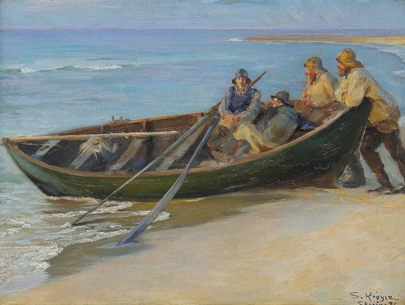 Nordlige plage i Skagen. En grøn båd ved vandkanten. To fiskere sidder i båden, støttet på rælingen. Indeni er der en stang og to oar. - Peder Severin Krøyer