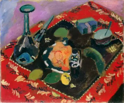 Retter og frugter på et rødt og sort tæppe (Det Røde Tæppe) - Henri Matisse