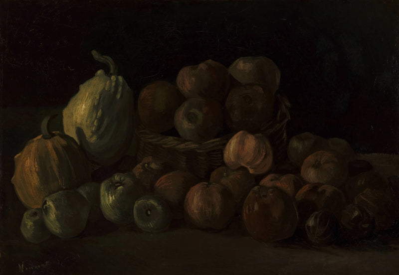 Stilleben med en kurv æbler og to græskar - Vincent van Gogh