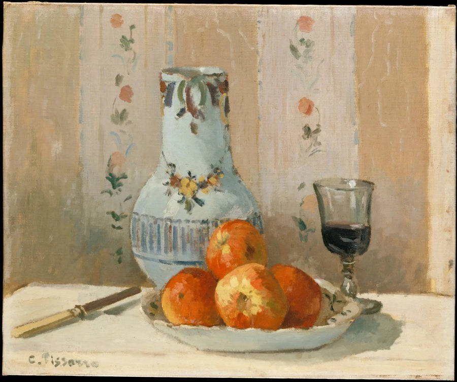 Kastanjer og glasurkeramik på et bord - Camille Pissarro