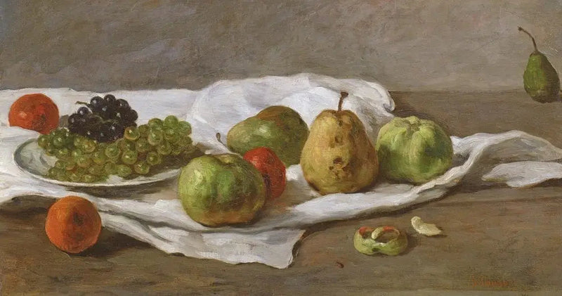 Æbler, pærer og druer på et bord - Gustave Courbet