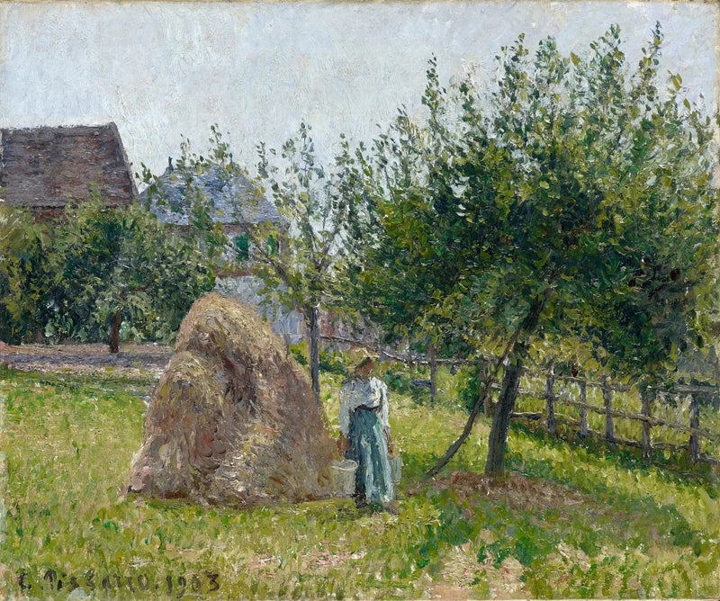 Æbletræ og mølle i Eragny, solfyldt morgen - Camille Pissarro