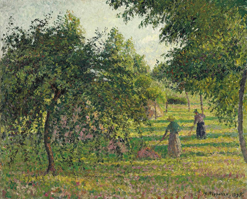 Æbletræer og landkvinde der raker hø, Éragny - Camille Pissarro