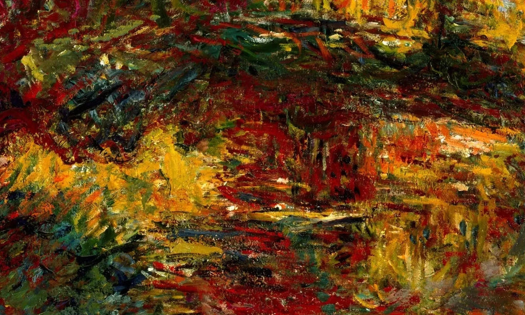 Détail des rouges, jaunes et verts épais dans le bassin sous le pont de Monet