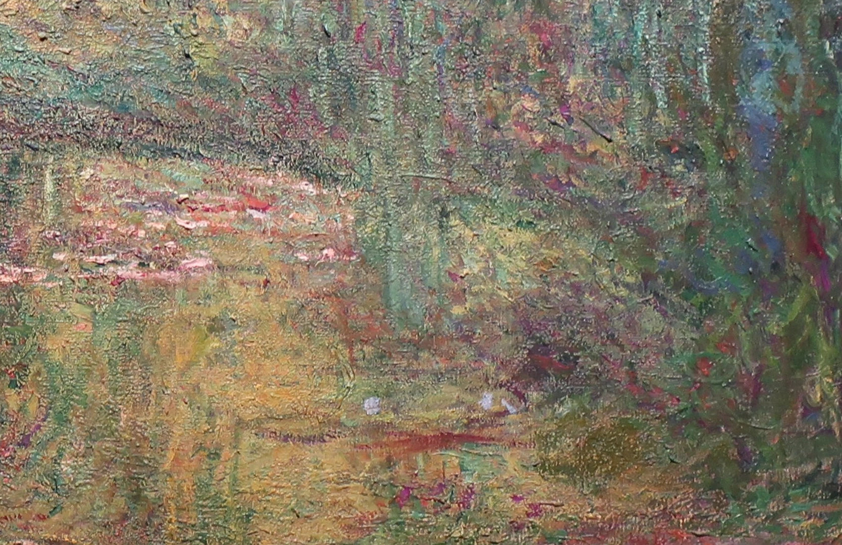 Détail des nymphéas et des reflets dans Le Pont japonais W1911 de Claude Monet