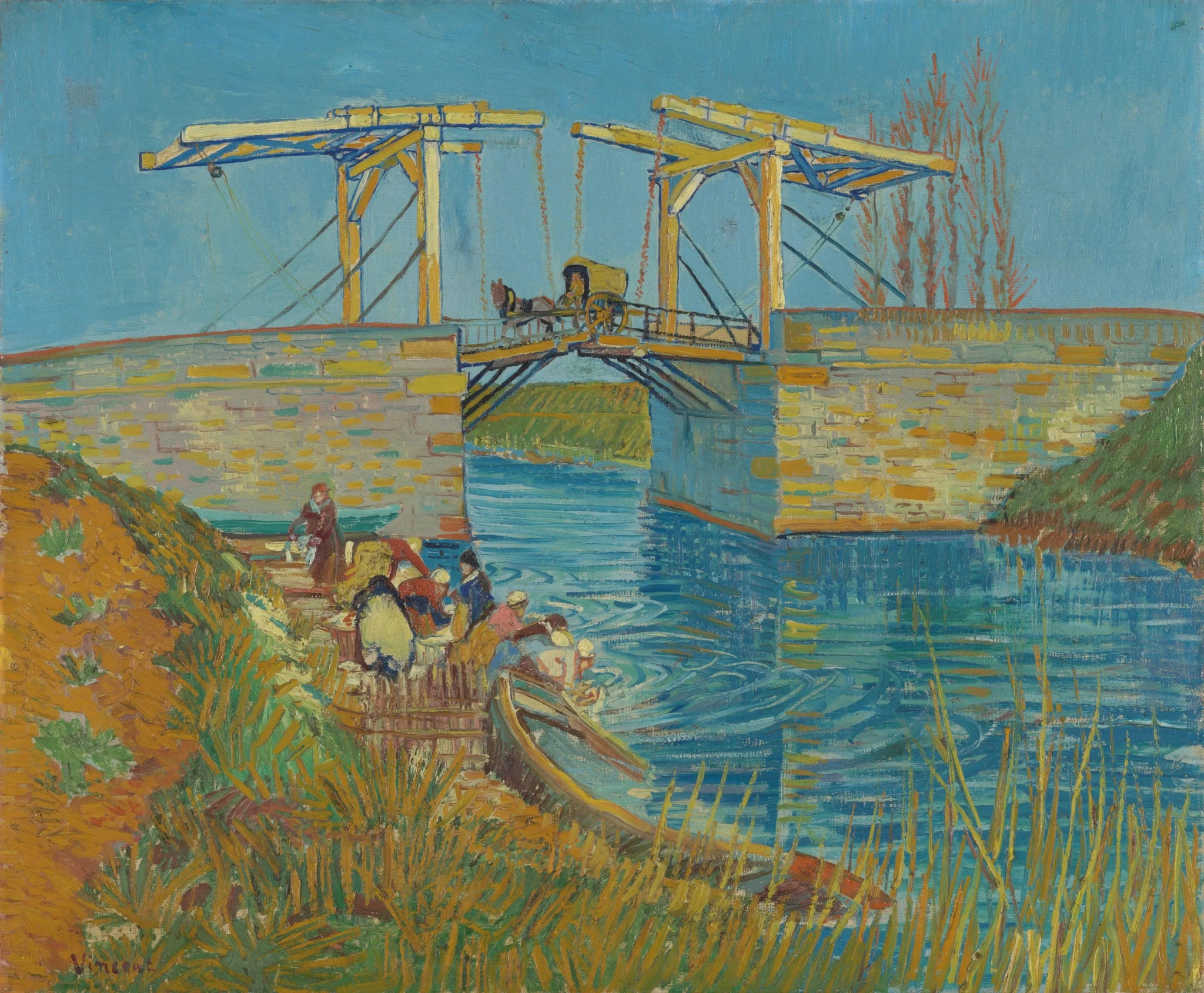 Pont de Langlois avec lavandières, F397 — pont-levis jaune, canal et femmes au travail peints par Vincent van Gogh