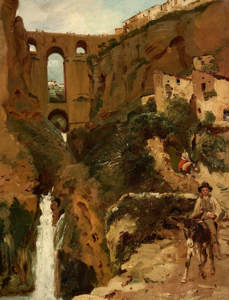 Bro, der overhænger en kløft. To ryttere. Ronda, Spanien. - Peder Severin Krøyer