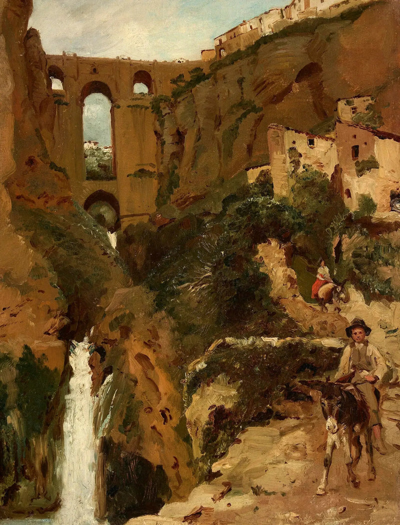 Bro, der overhænger en kløft. To ryttere. Ronda, Spanien. - Peder Severin Krøyer