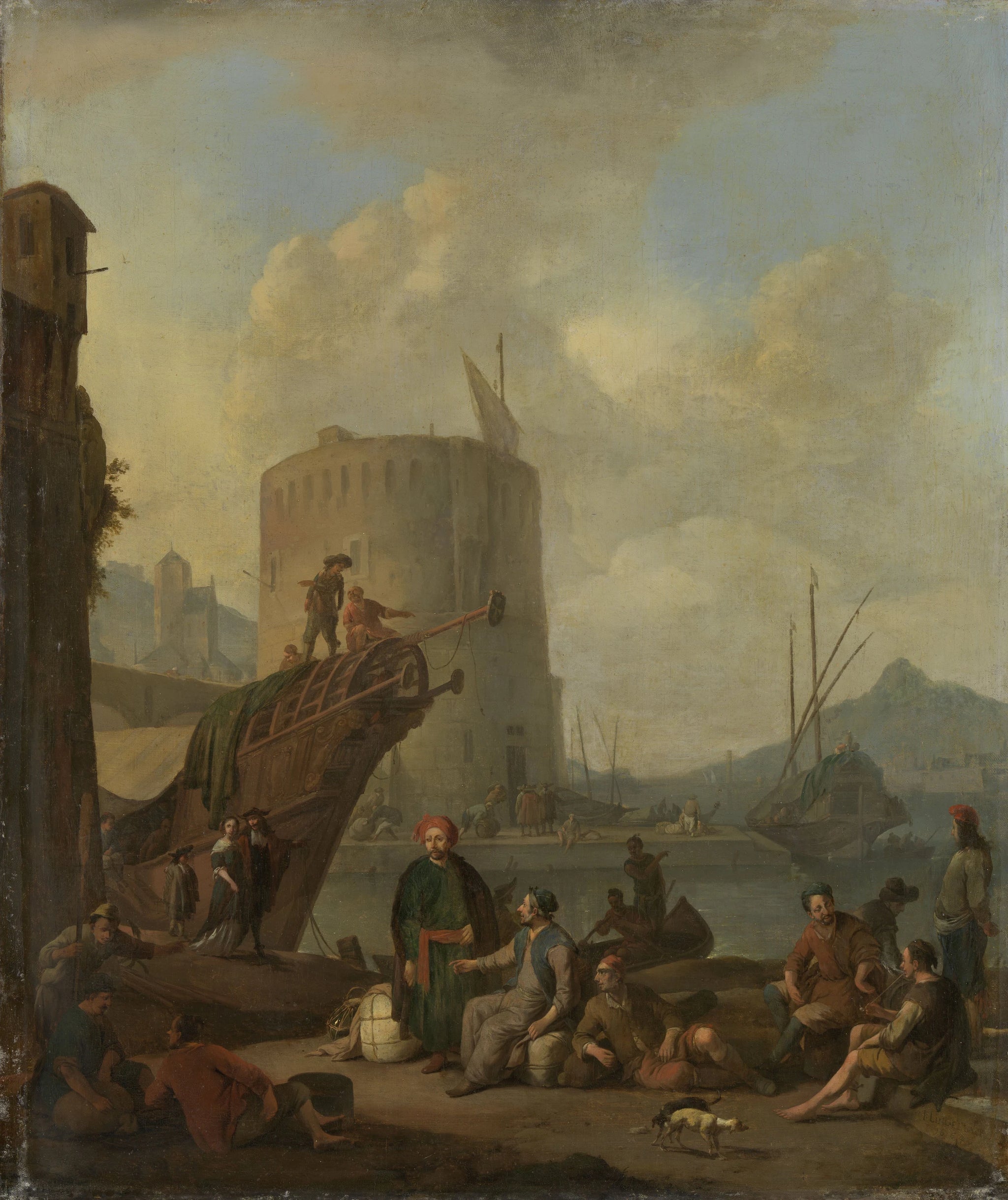 Port italien avec tour de forteresse - Johannes Lingelbach