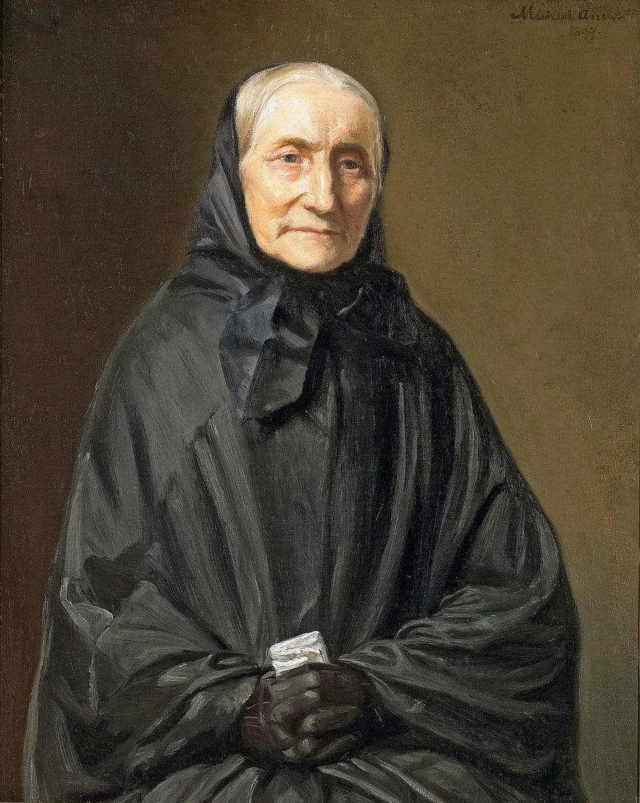 Portræt af Ane Hedvig Bröndum i sort kjole, siddende med foldede hænder. - Michael Peter Ancher