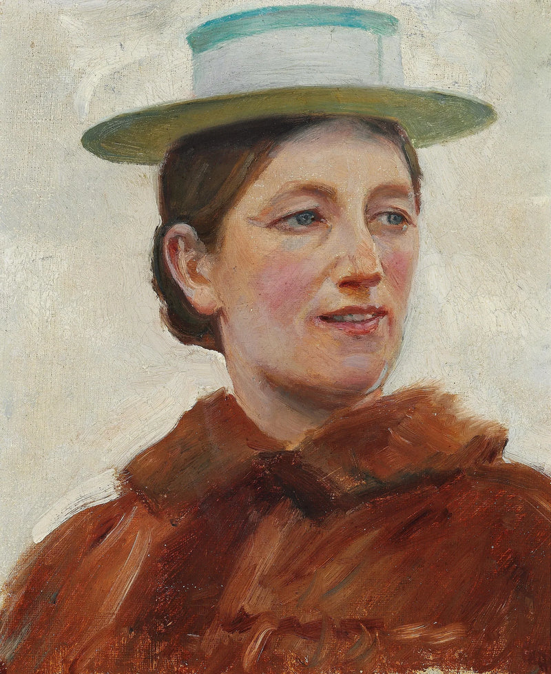 Portræt af Anna Ancher iført en grønstribet stråhat. - Michael Peter Ancher
