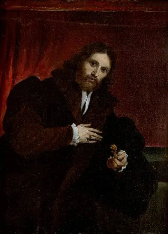 Portræt af en mand i pelsfrakke, der holder en løveskramme (efter Lorenzo Lotto) - David Teniers den Yngre