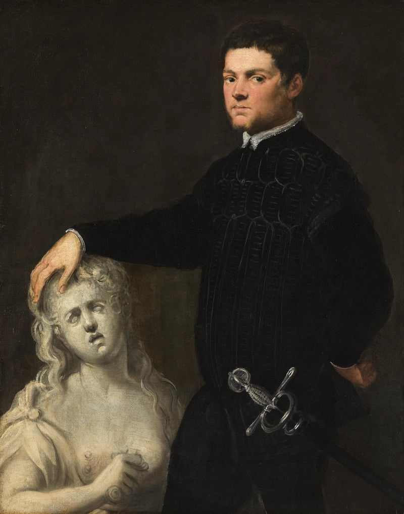 Portræt af en ung mand med en skulptur af Lucrezia - Tintoret - Jacopo Tintoretto