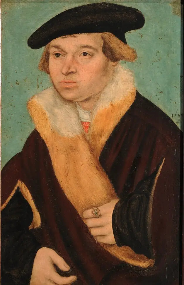 Portræt af en ung mand med kortklippet skæg i en pelsbeklædt jakke lys - Lucas Cranach den Ældre