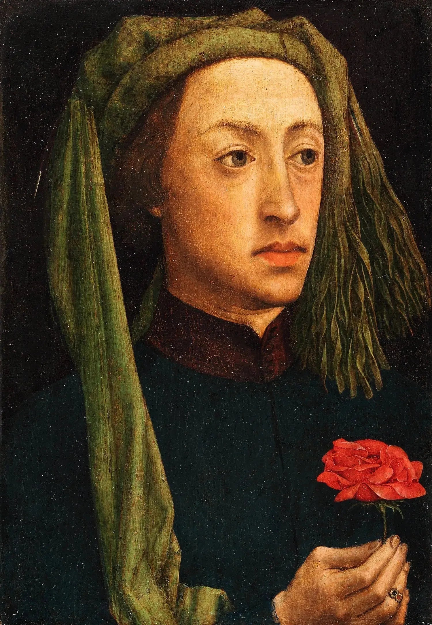 Portrait d'un jeune homme tenant une rose rouge - Jan van Eyck image 1 reproduction d’œuvre d’art à l’huile