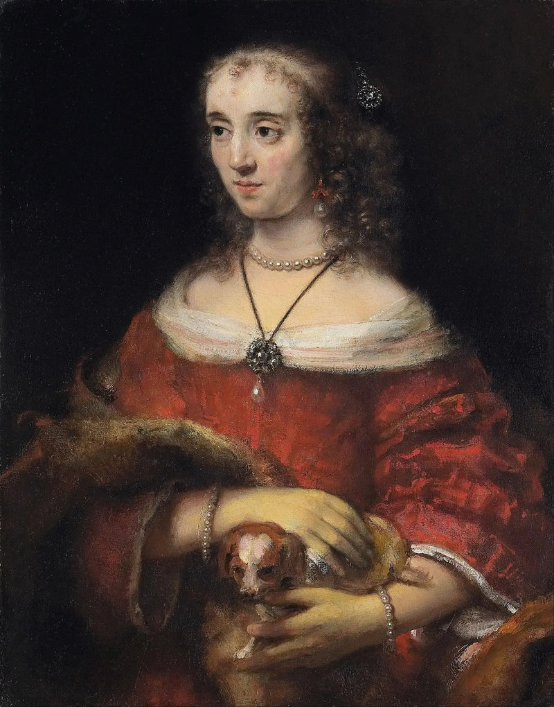 Portræt af en dame med en lille hund - Rembrandt