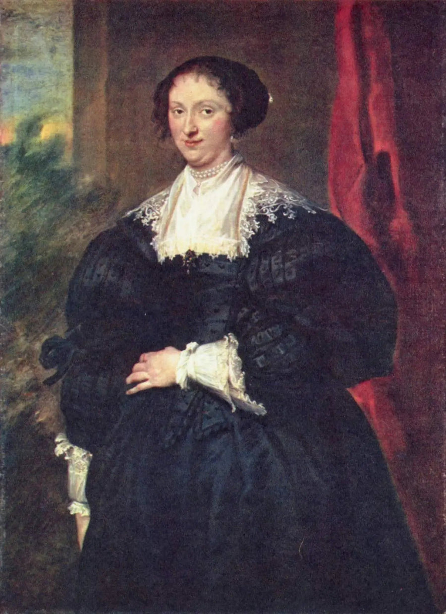Portræt af en dame i sort foran en rød gardin - Antoine van Dyck