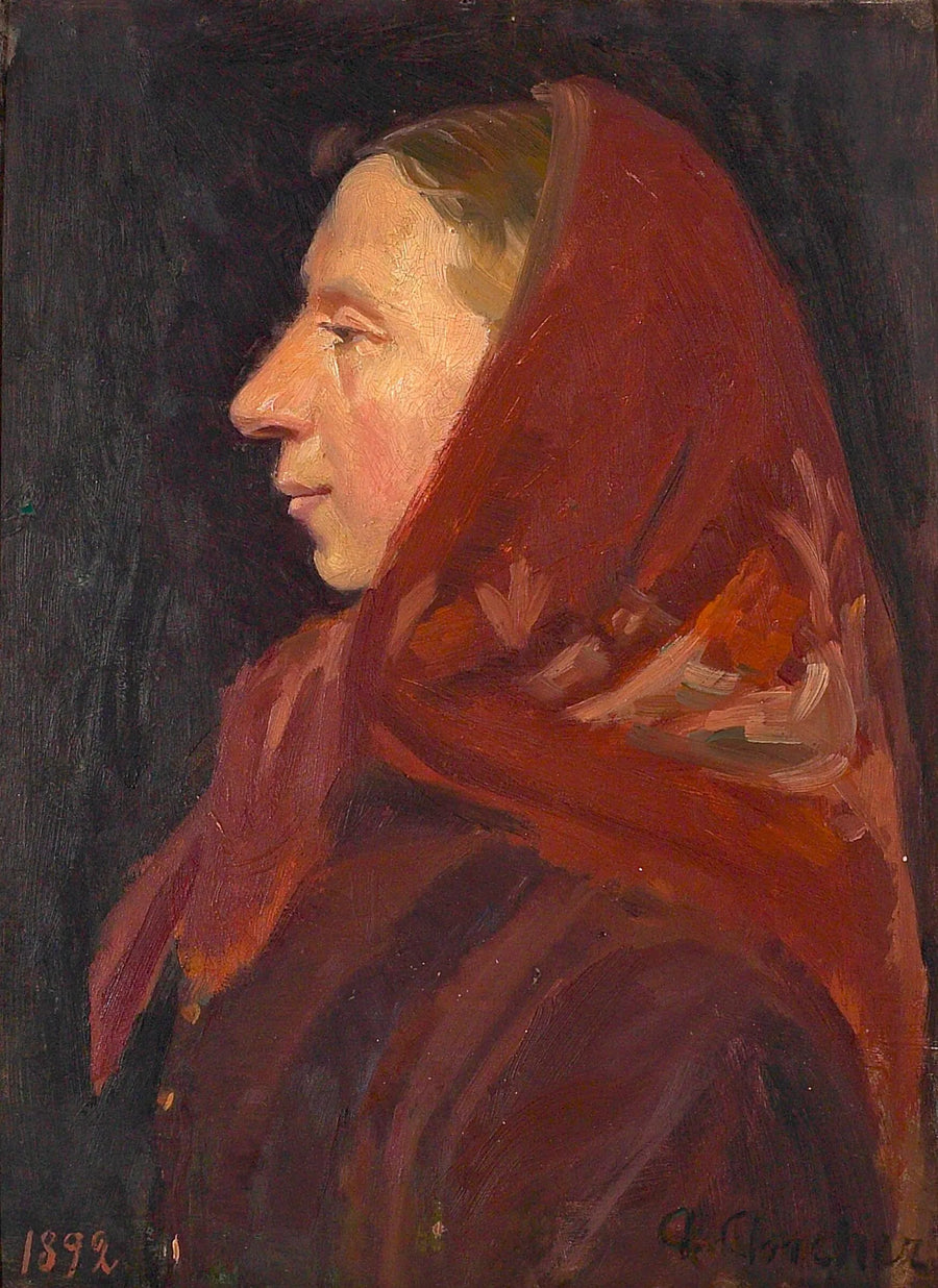 Portræt af en kvinde iført et rødt hovedtørklæde. - Anna Ancher