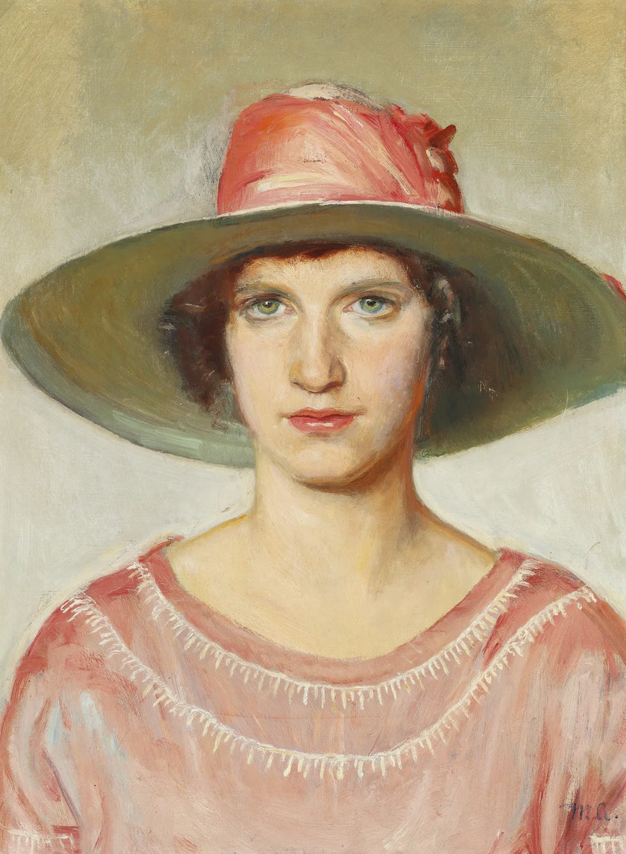 Portræt af en pige i lyserød kjole og stråhat prydet med et lyserødt bånd - Michael Peter Ancher