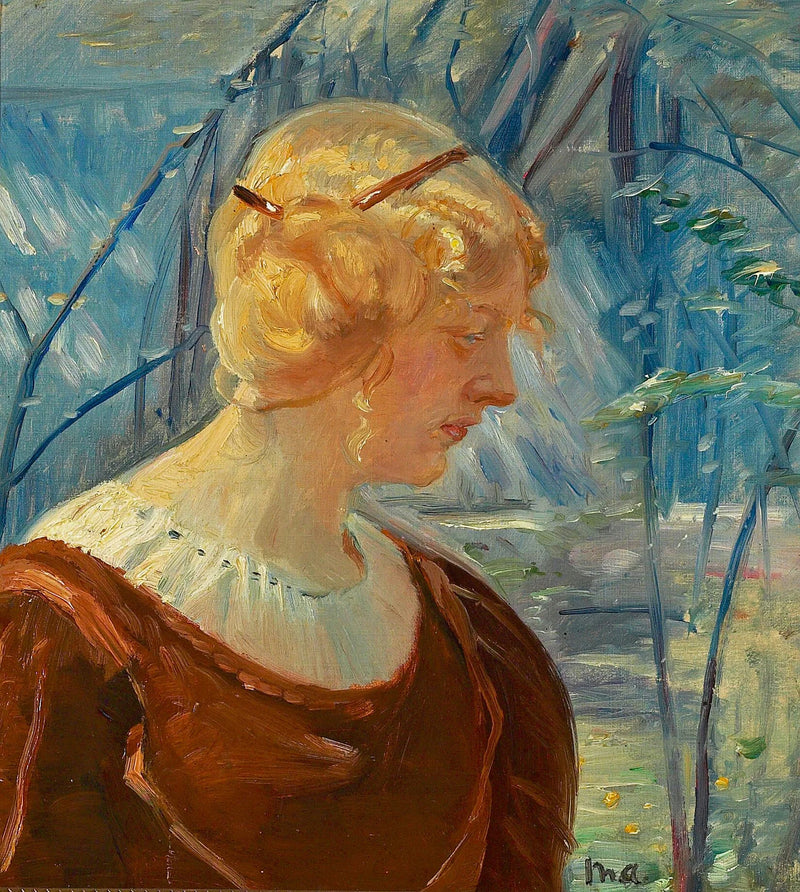 Portræt af en ung blond kvinde i en have. - Michael Peter Ancher